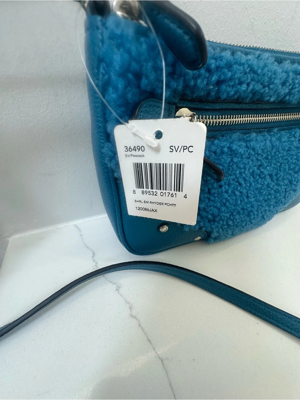 Coach 36490 Shearling w/Leather small Rhyder Pochette Peacock/Blue Crossbody NWT